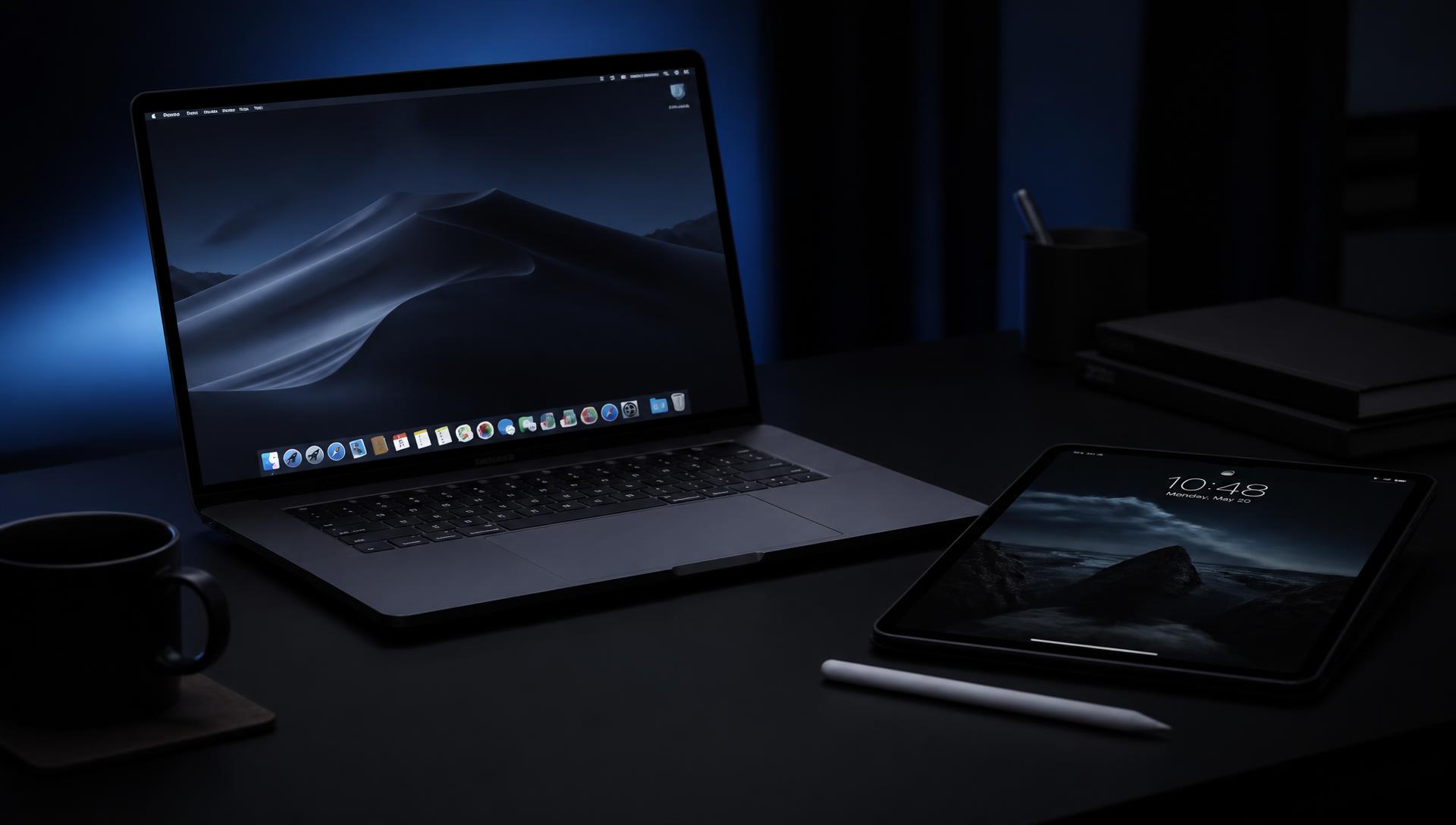 MacBook et iPad sur un bureau sombre